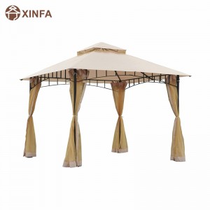 10' x 10' Outdoor Patio Gazebo Canopy Tent with Mesh Sidewalls, 2-Tier Canopy for Backyard, Beige