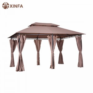 10' x 13' Outdoor Soft Top Pergola Gazebo with Curtains, 2-Tier Steel Frame Gazebo for Patio, Khaki